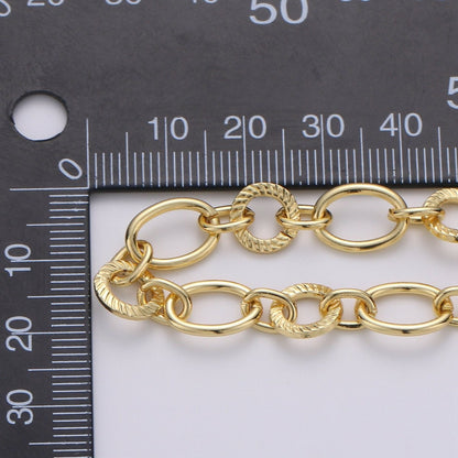 24K Gold Plated Cable Rolo Chain - Oval and Textured Cable Rolo Chain, Unfinished Chain By Yard | ROLL-301 Clearance Pricing