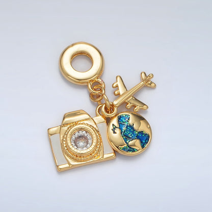 24K Gold Filled Camera Globe Airplane Rhondelle Bail Triple Travel Drop Pendant | AC083
