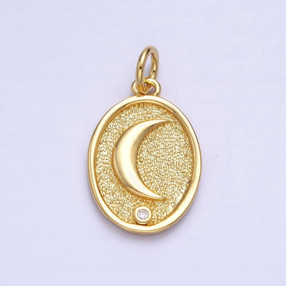 24K Gold Filled Celestial Crescent Moon CZ Textured Oval Charm | AC449