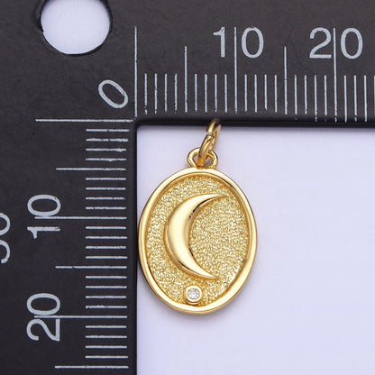 24K Gold Filled Celestial Crescent Moon CZ Textured Oval Charm | AC449