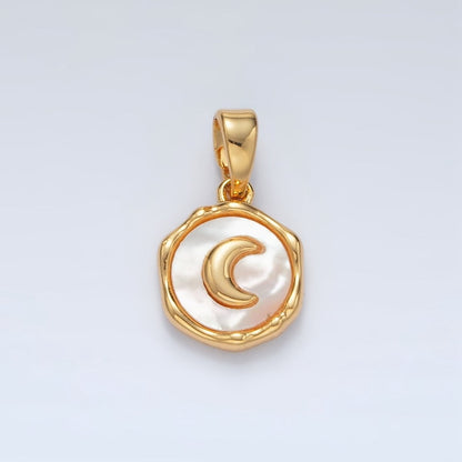 24K Gold Filled Celestial Crescent Moon Shell Pearl Stamped Bezel Pendant | AA1523