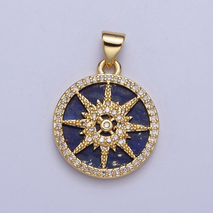 24K Gold Filled Celestial Eight Pointed Star Compass Blue Lapiz Micro Pave CZ Bezel Round Medallion Pendant, X-429