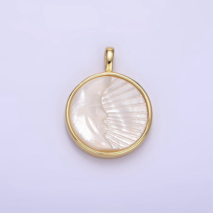 24K Gold Filled Celestial Moon Face Ray Shell Pearl Bezel Round Pendant | AA1332