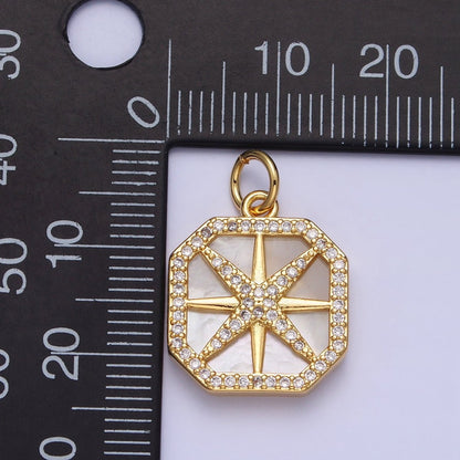 24K Gold Filled Celestial Northern Star Pearl Clear Micro Paved CZ Hexagonal Charm | AC361