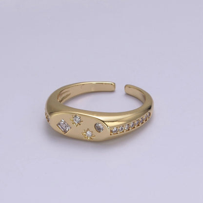 24K Gold Filled Celestial Star Cuff Ring, Micro Pave Crystal Cubic Zirconia CZ Flat Signet Ring in Gold &amp; Silver  S-321 S-322