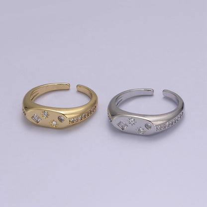 24K Gold Filled Celestial Star Cuff Ring, Micro Pave Crystal Cubic Zirconia CZ Flat Signet Ring in Gold &amp; Silver  S-321 S-322