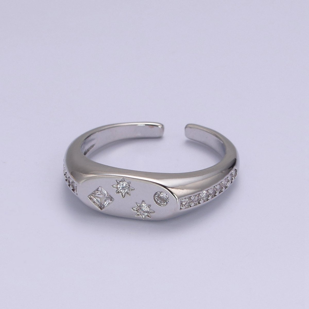 24K Gold Filled Celestial Star Cuff Ring, Micro Pave Crystal Cubic Zirconia CZ Flat Signet Ring in Gold &amp; Silver  S-321 S-322