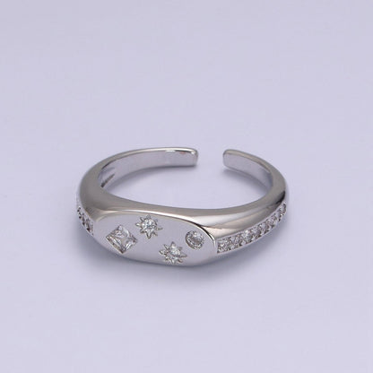 24K Gold Filled Celestial Star Cuff Ring, Micro Pave Crystal Cubic Zirconia CZ Flat Signet Ring in Gold &amp; Silver  S-321 S-322