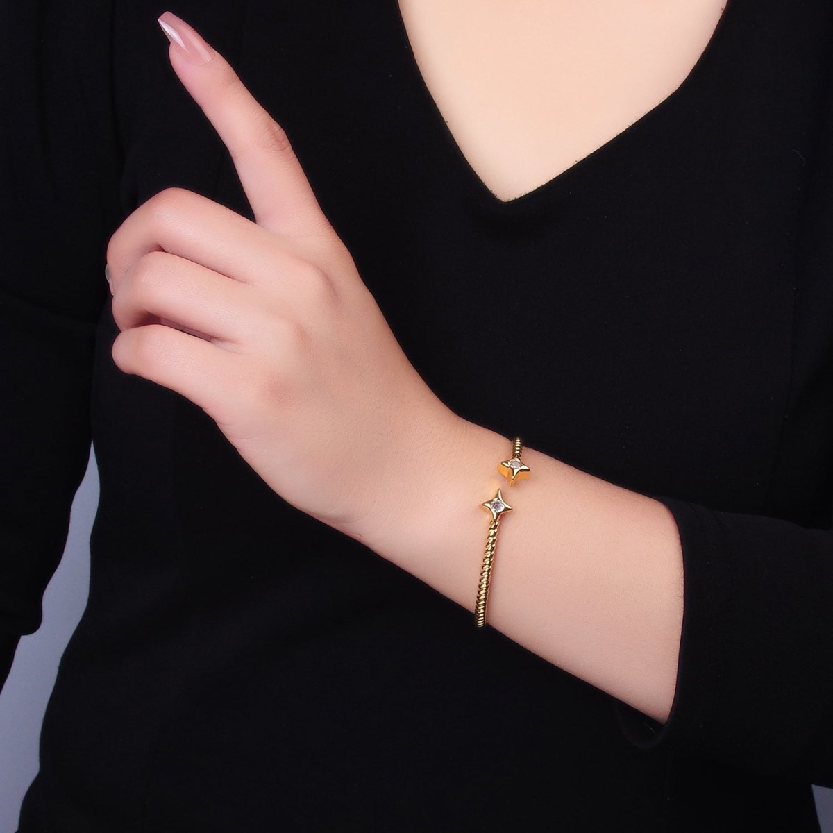 24K Gold Filled Celestial Star CZ Croissant Cuff Bracelet in Gold &amp; Silver | WA-2734 WA-2735