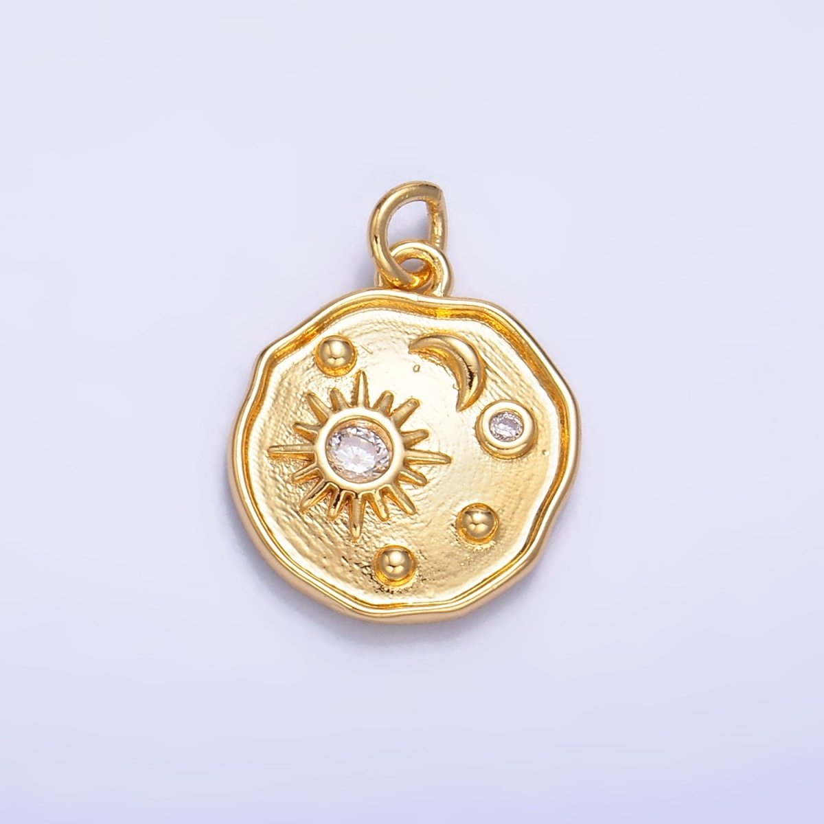 24K Gold Filled 14.5mm Celestial Sun Moon CZ Stamped Round Charm in Gold &amp; Silver | W379