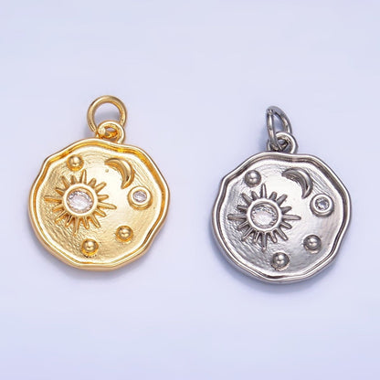24K Gold Filled 14.5mm Celestial Sun Moon CZ Stamped Round Charm in Gold &amp; Silver | W379