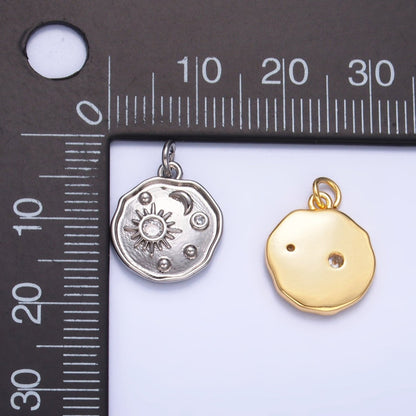 24K Gold Filled 14.5mm Celestial Sun Moon CZ Stamped Round Charm in Gold &amp; Silver | W379