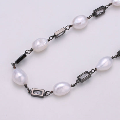 24K Gold Filled Chain by Yard, Baroque Pearl Micro Pave Clear Cubic Square Charm Chain, White Pearl CZ | ROLL-349, ROLL-350, ROLL-351 Clearance Pricing