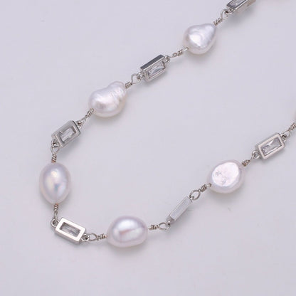 24K Gold Filled Chain by Yard, Baroque Pearl Micro Pave Clear Cubic Square Charm Chain, White Pearl CZ | ROLL-349, ROLL-350, ROLL-351 Clearance Pricing