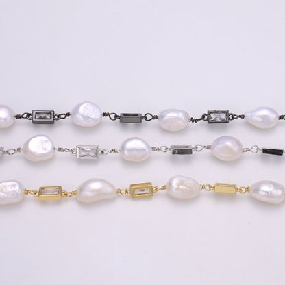 24K Gold Filled Chain by Yard, Baroque Pearl Micro Pave Clear Cubic Square Charm Chain, White Pearl CZ | ROLL-349, ROLL-350, ROLL-351 Clearance Pricing