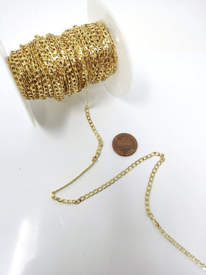 24K Gold Filled Chain Cuban Link Chain, Width 3mm Thickness, Gold Filled Finding Chain For Necklace Bracelet Jewelry Making | ROLL-087