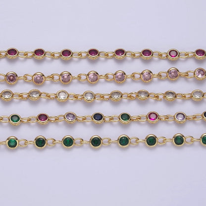 24k Gold Filled Chain Round CZ Chain by Foot / Yard Bulk Chain Round Bezel Cut Cubic Chains 5mm CZ Chain Unsoldered | ROLL-743 to ROLL-746 Clearance Pricing