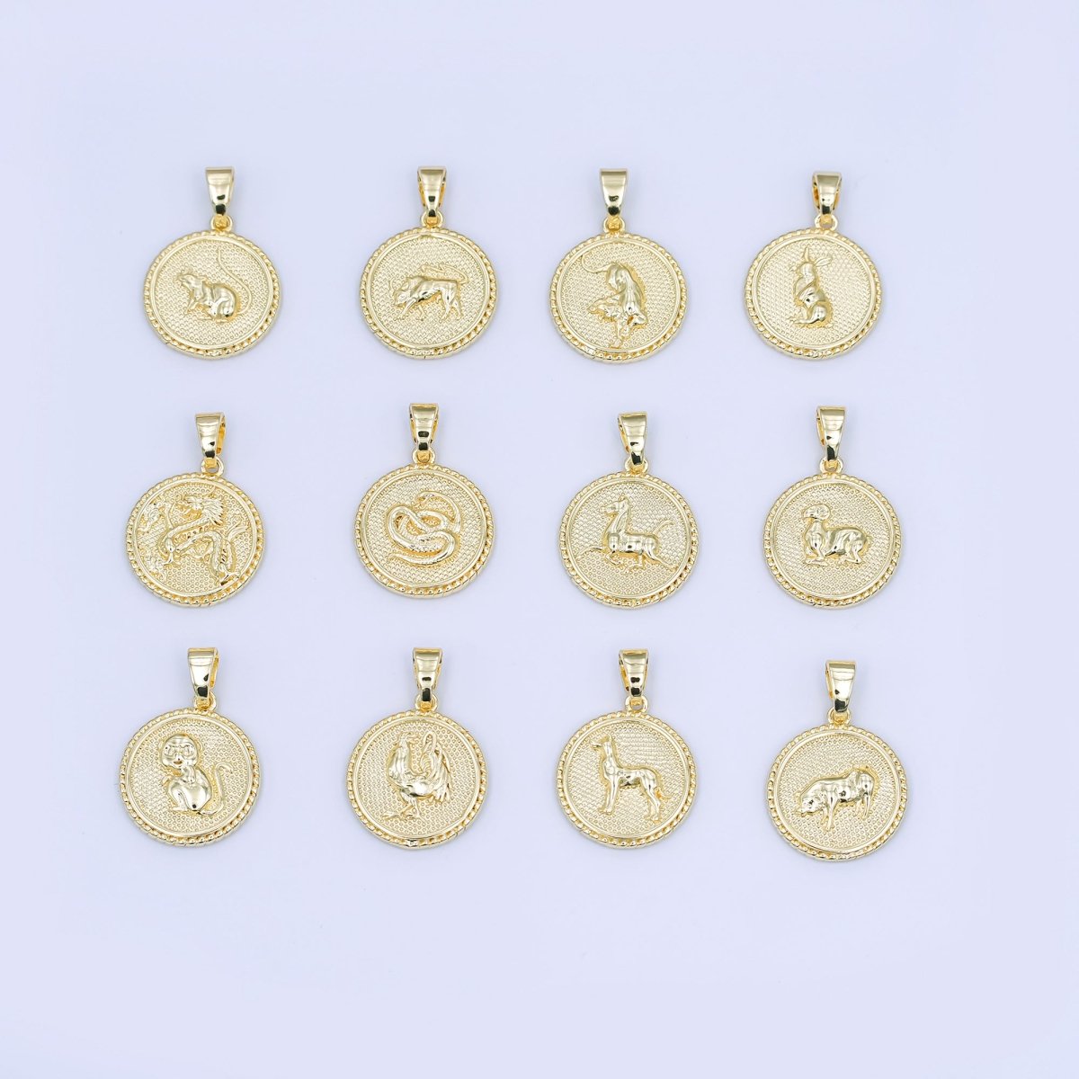 24K Gold Filled Chinese Zodiac Animal Round Pendant | A1319-A1324