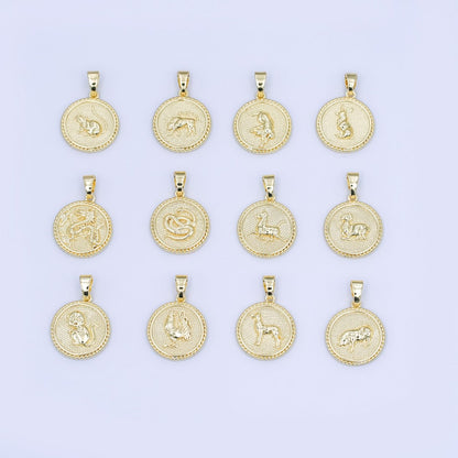 24K Gold Filled Chinese Zodiac Animal Round Pendant | A1319-A1324