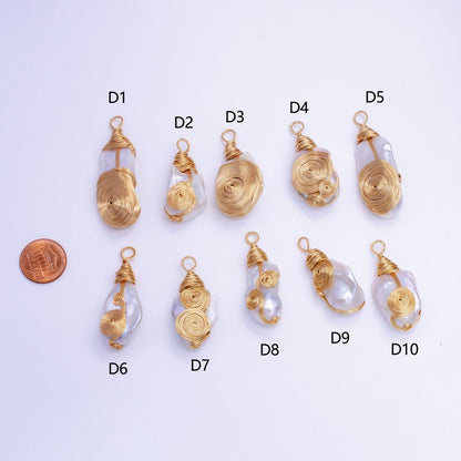 24K Gold Filled Circular Unique Wired Baroque Freshwater Pearl Pendant | P1854 D