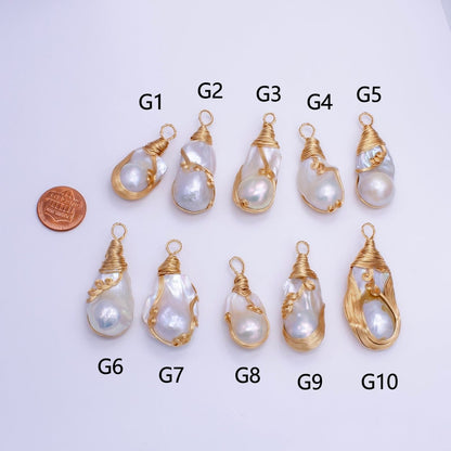 24K Gold Filled Circular Unique Wired Baroque Freshwater Pearl Pendant | P1854 G