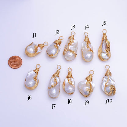 24K Gold Filled Circular Unique Wired Baroque Freshwater Pearl Pendant | P1854 J