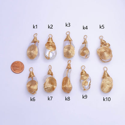 24K Gold Filled Circular Unique Wired Baroque Freshwater Pearl Pendant | P1854 K