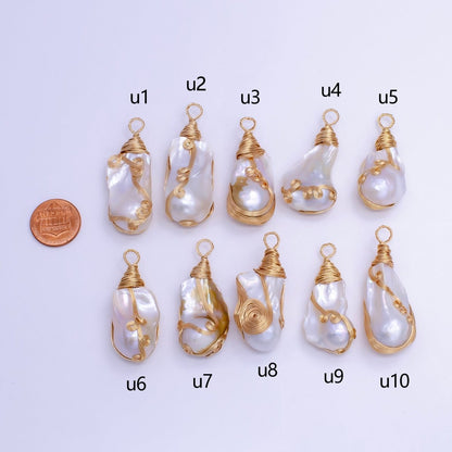 24K Gold Filled Circular Unique Wired Baroque Freshwater Pearl Pendant | P1854 U