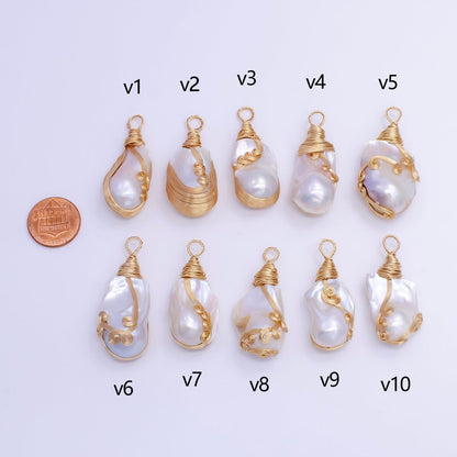 24K Gold Filled Circular Unique Wired Baroque Freshwater Pearl Pendant | P1854 V