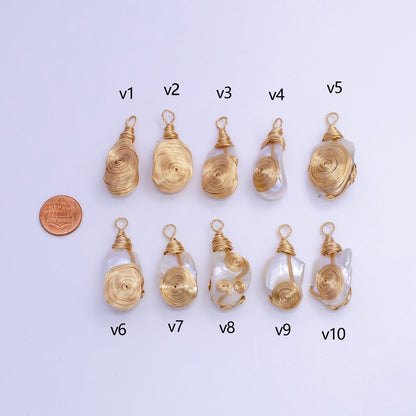 24K Gold Filled Circular Unique Wired Baroque Freshwater Pearl Pendant | P1854 V