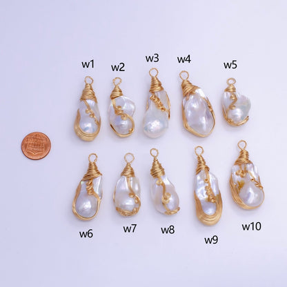 24K Gold Filled Circular Unique Wired Baroque Freshwater Pearl Pendant | P1854 W