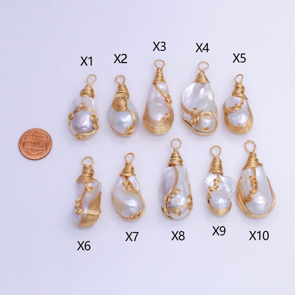 24K Gold Filled Circular Unique Wired Baroque Freshwater Pearl Pendant | P1854 X