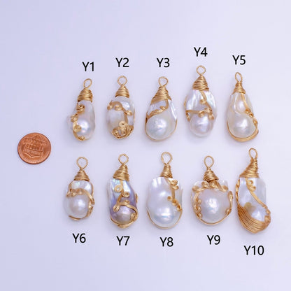24K Gold Filled Circular Unique Wired Baroque Freshwater Pearl Pendant | P1854 Y