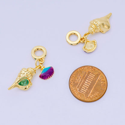24K Gold Filled Clam Conch Sea Shell Multicolor Enamel Beach Rondelle Drop Charm | AH597