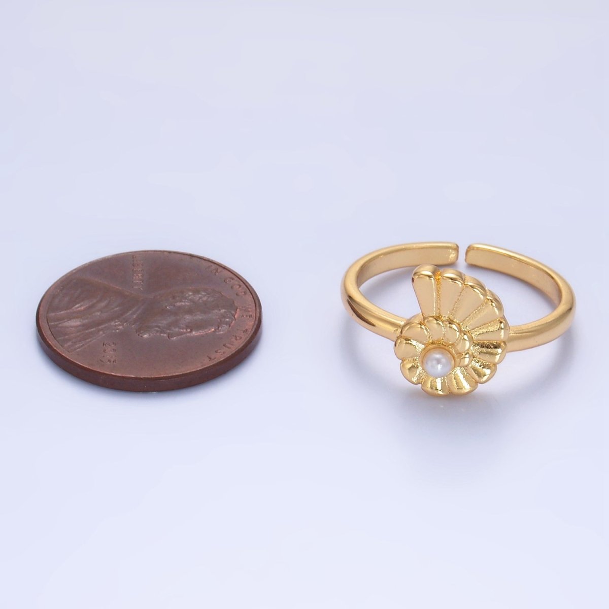 24K Gold Filled Clam Shell Pearl Adjustable Ring in Gold &amp; Silver | U421