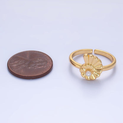 24K Gold Filled Clam Shell Pearl Adjustable Ring in Gold &amp; Silver | U421