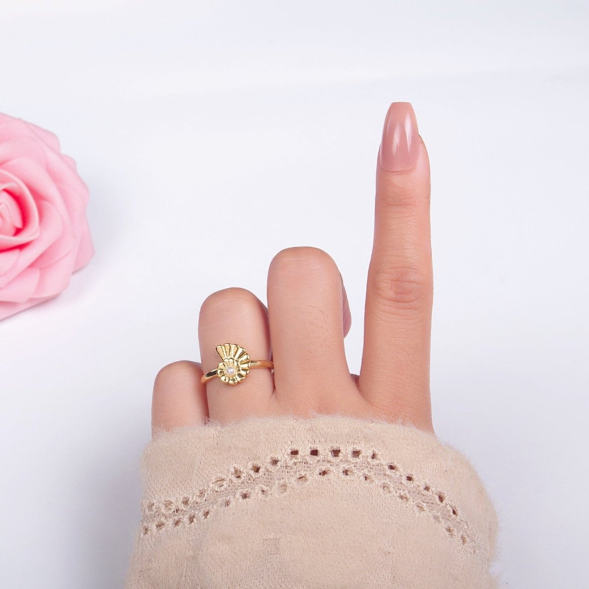 24K Gold Filled Clam Shell Pearl Adjustable Ring in Gold &amp; Silver | U421