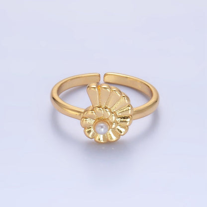 24K Gold Filled Clam Shell Pearl Adjustable Ring in Gold &amp; Silver | U421
