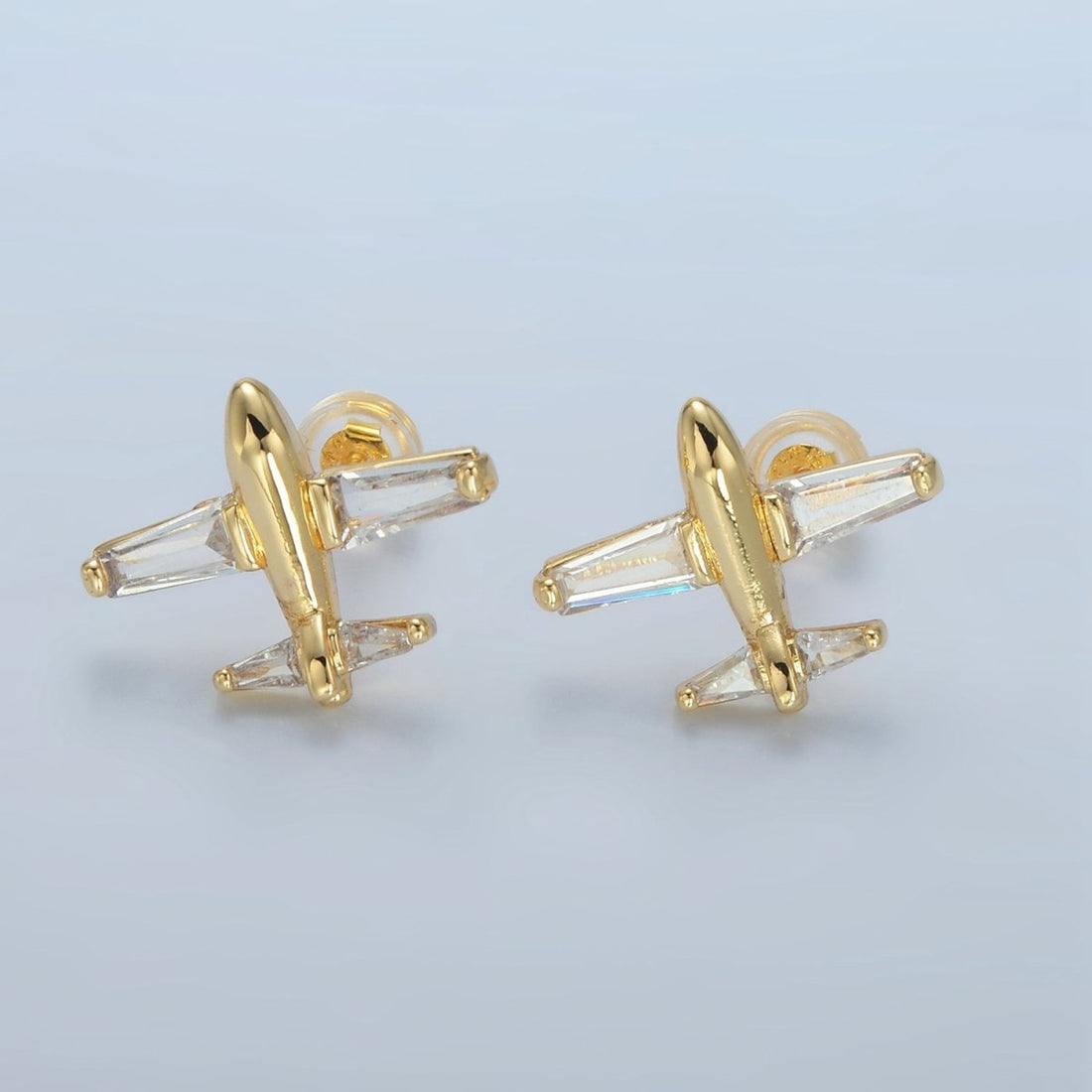 24K Gold Filled Baguette CZ Airplane Travel Stud Earrings | AD763