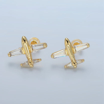 24K Gold Filled Baguette CZ Airplane Travel Stud Earrings | AD763