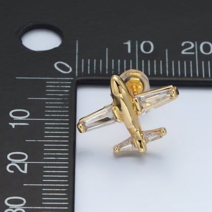 24K Gold Filled Baguette CZ Airplane Travel Stud Earrings | AD763