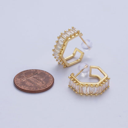24K Gold Filled Clear Baguette Cubic Zirconia Hexagonal Open C Shaped Double Band Stud Earrings T-132