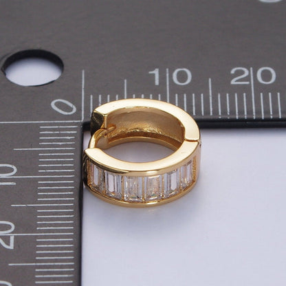 24K Gold Filled Clear Baguette Cubic Zirconia Simple Minimalist Small Hoops Gold Huggies Earrings Q-149 AD-481