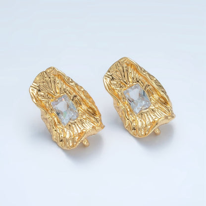 24K Gold Filled Clear Baguette CZ Hammered Foil Leaf Open Loop Drop Stud Earring Findings | Z886
