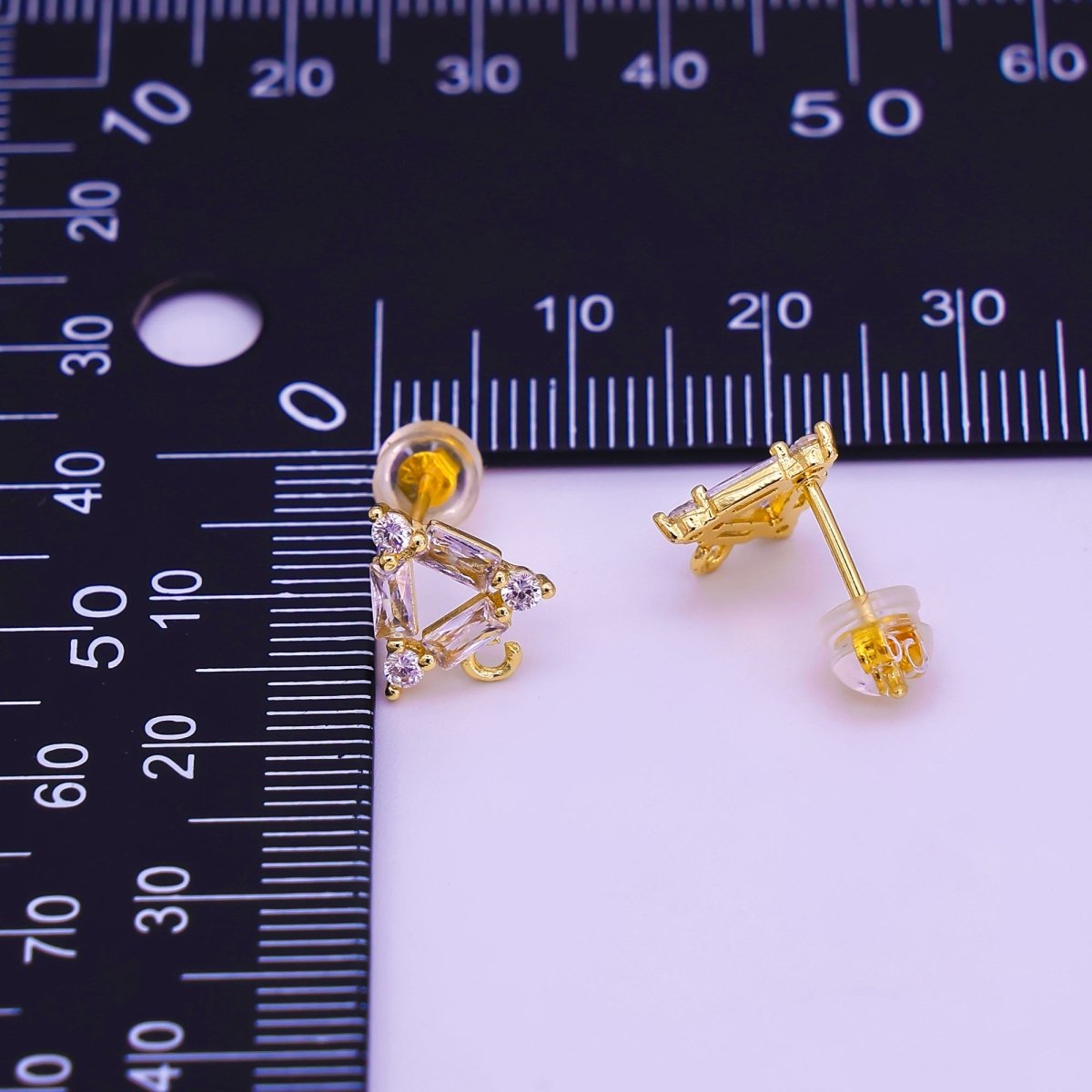 24K Gold Filled Clear Baguette CZ Triangle Drop Stud Earrings Findings | Z1268