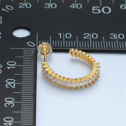 24k Gold Filled 22mm Clear Baguette Lined J-Shaped Hoop Earrings | AD732