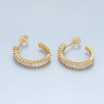24k Gold Filled 22mm Clear Baguette Lined J-Shaped Hoop Earrings | AD732