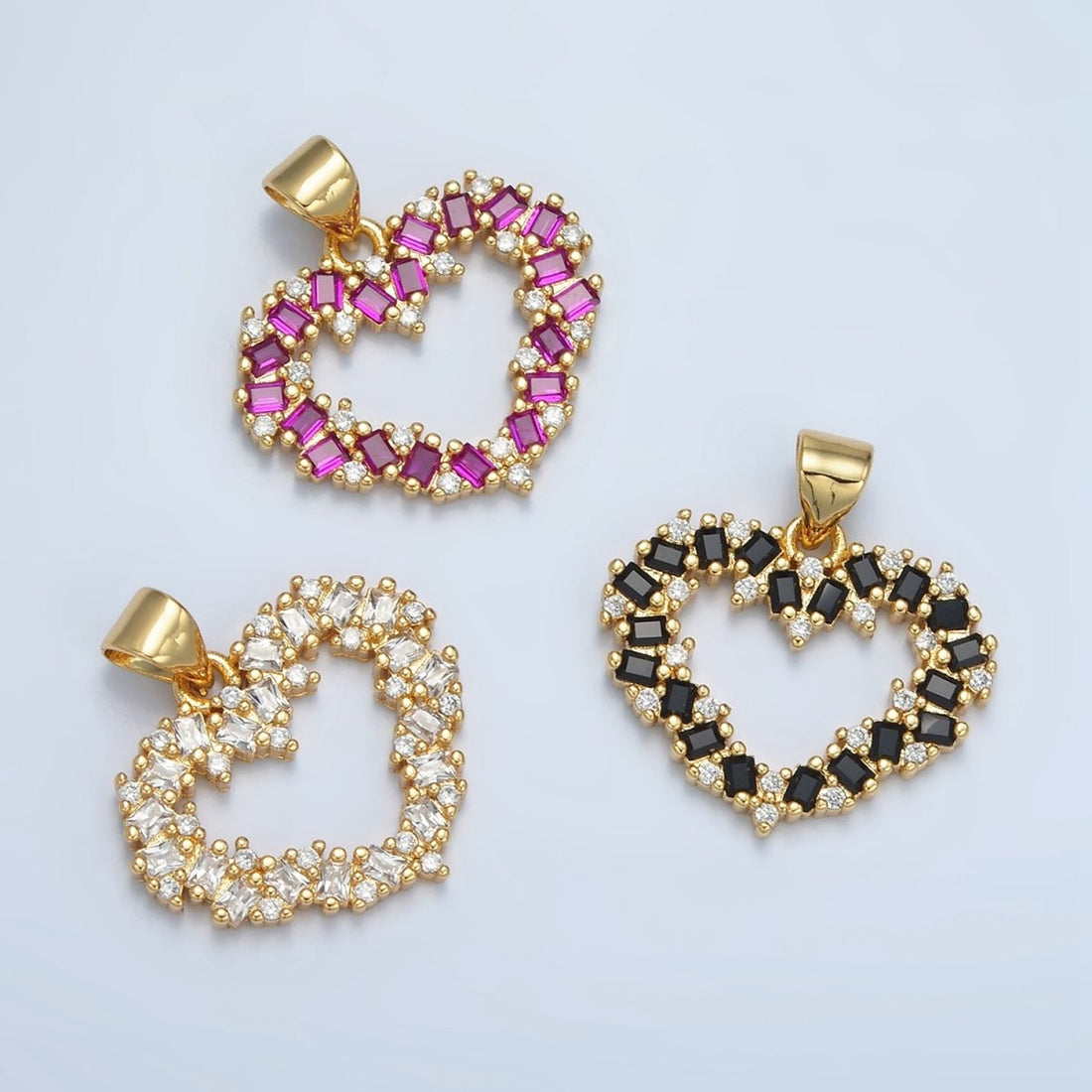 24K Gold Filled Clear, Black, Fuchsia CZ Baguette Open Heart Pendant | AA856 - AA857