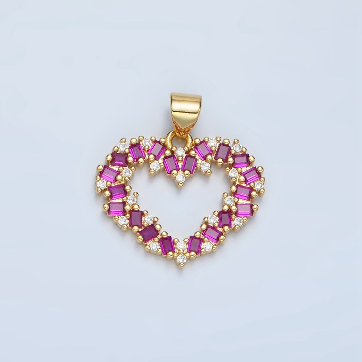 24K Gold Filled Clear, Black, Fuchsia CZ Baguette Open Heart Pendant | AA856 - AA857