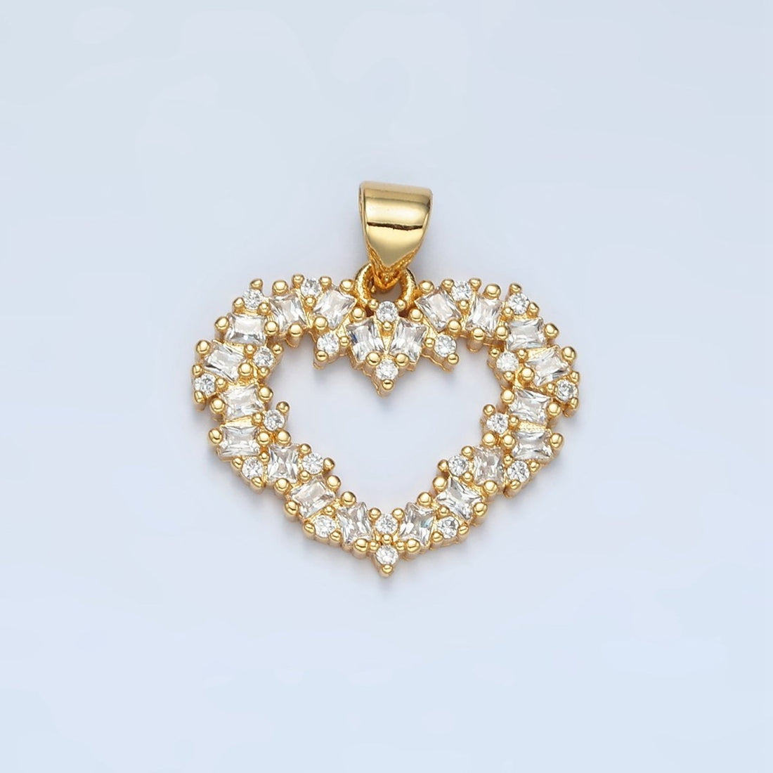 24K Gold Filled Clear, Black, Fuchsia CZ Baguette Open Heart Pendant | AA856 - AA857